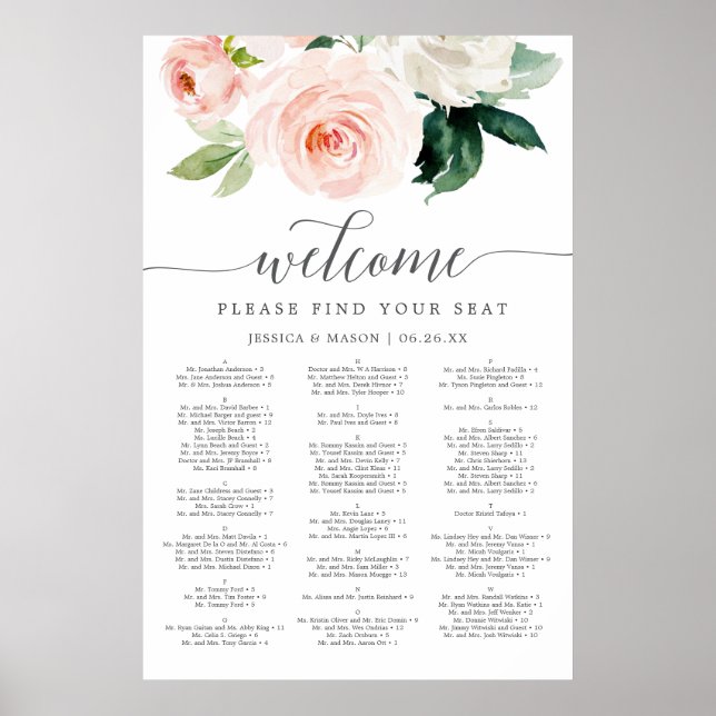 Blushing Blooms Wedding Seating Chart 24x36 Poster (Vorne)