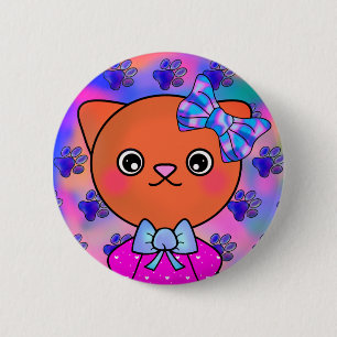 Blushing Kitty Niedlich Paw Prints Happy Smile Button