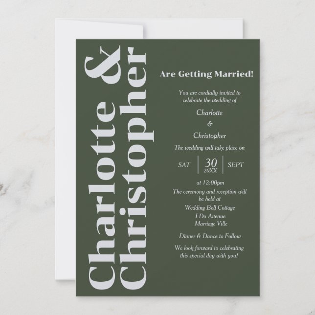 Blushing Liebe - Dunkelgrün und Grau modern Einladung (Vorderseite)