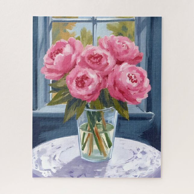 Blushing Peony Bouquet | Pink Flower Painting Puzzle (Vertikal)