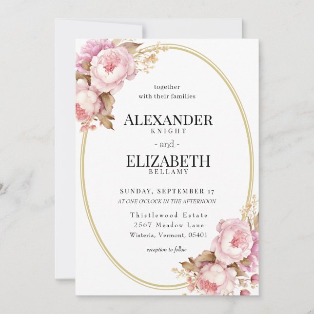Blushing Peony of Gold Circle Wedding Einladung (Vorderseite)
