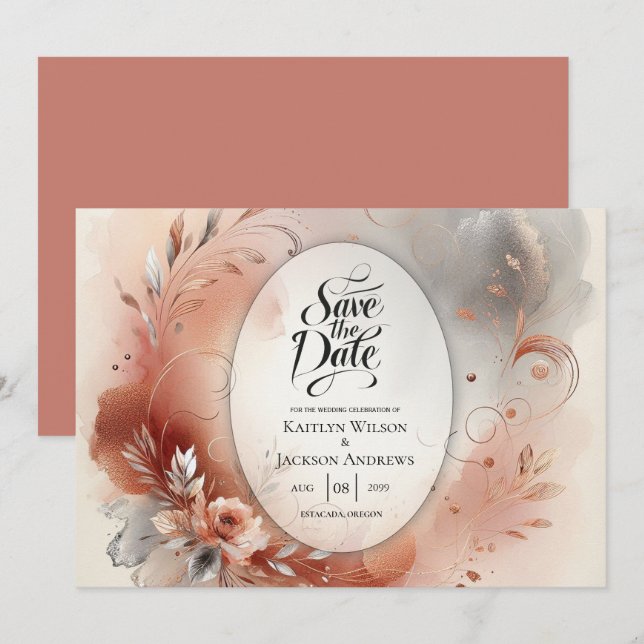 Blushing Petals und Silver Wirbel Hochzeit Save The Date (Vorne/Hinten)