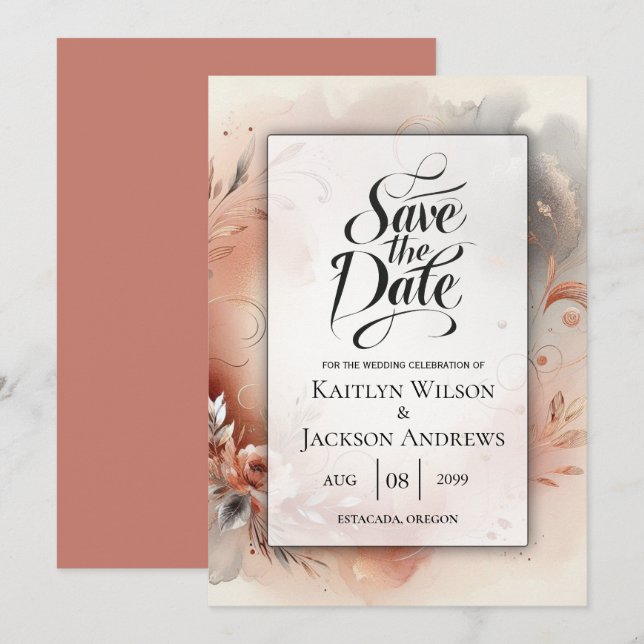 Blushing Petals und Silver Wirbel Hochzeit Save The Date (Vorne/Hinten)