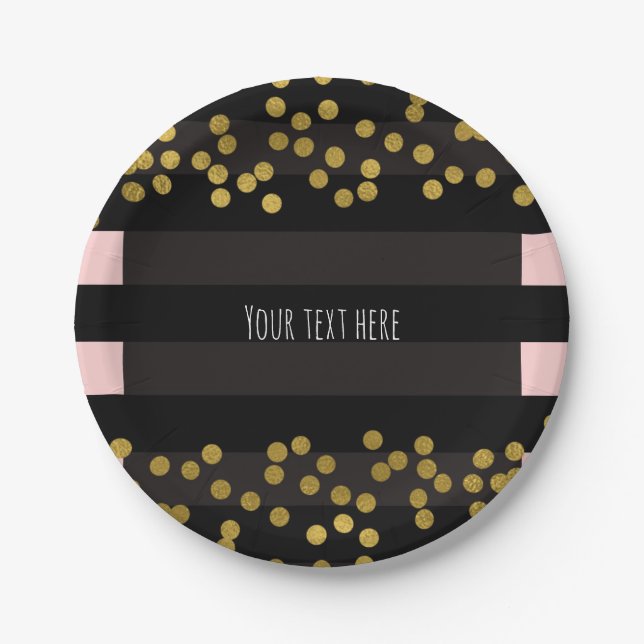 Blushing Pink & Black Stripes Gold Imitate Foil Do Pappteller (Vorderseite)