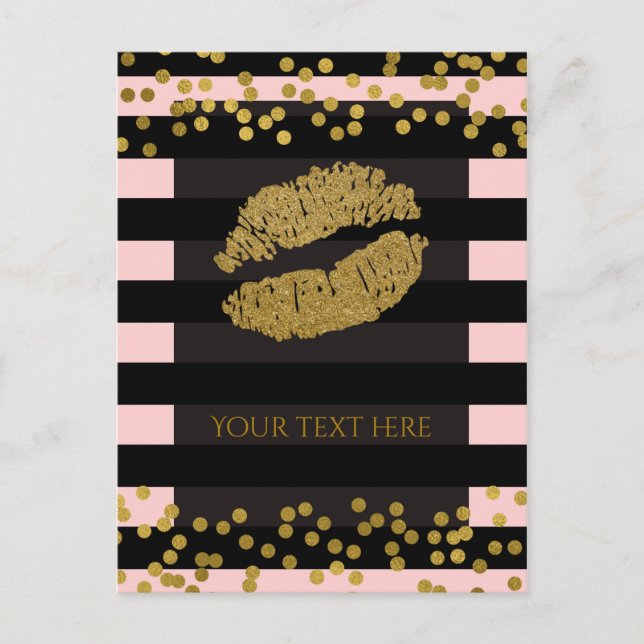 Blushing Pink & Black Stripes Gold Imitate Foil Do Postkarte (Vorderseite)
