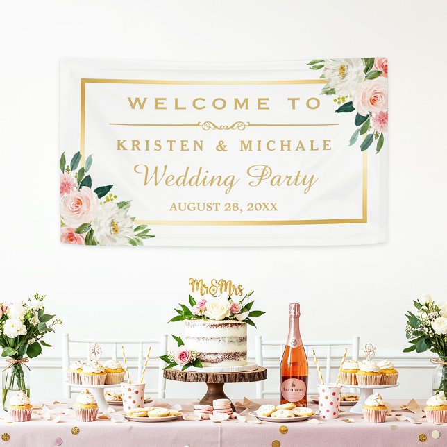 Blushing Pink Floral Gold Rahmen Wedding Party Banner (Von Creator hochgeladen)