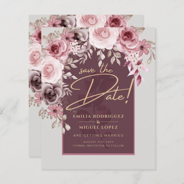 Blushing Pink Maroon Floral Hochzeit SPEICHERN DAS (Vorne/Hinten)