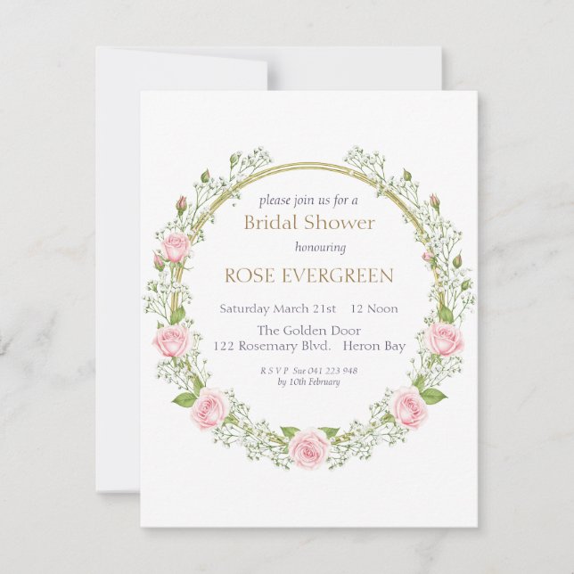Blushing Romance: Pink Roses and Baby’s Breathe Einladung (Vorderseite)