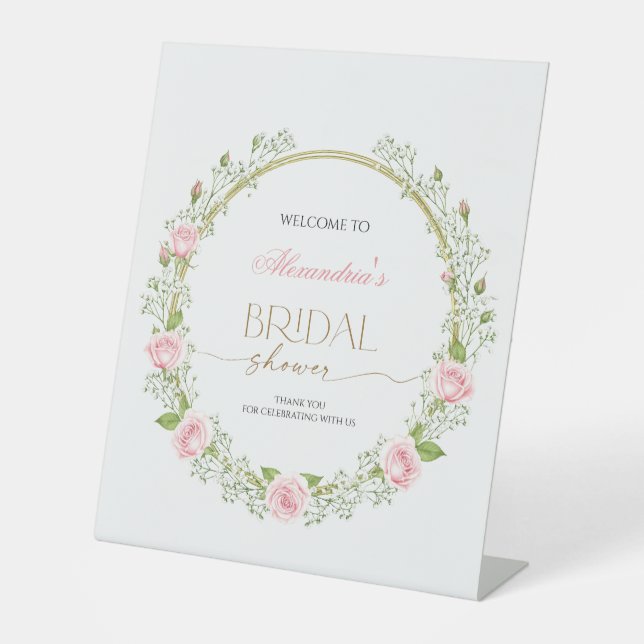 Blushing Romance: Pink Roses & Baby’s Breathe Sockelschild (Vorderseite)