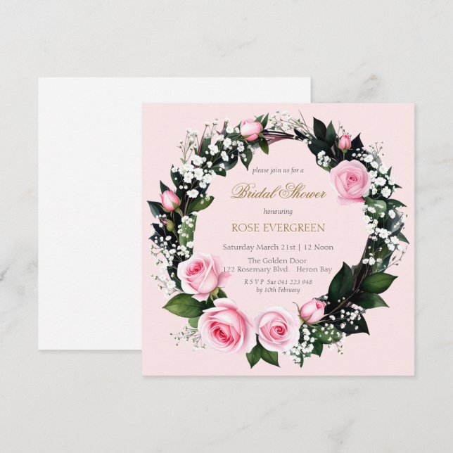 Blushing Romance: Rosa Rosen und Baby's Breathe in Einladung (Vorne/Hinten)