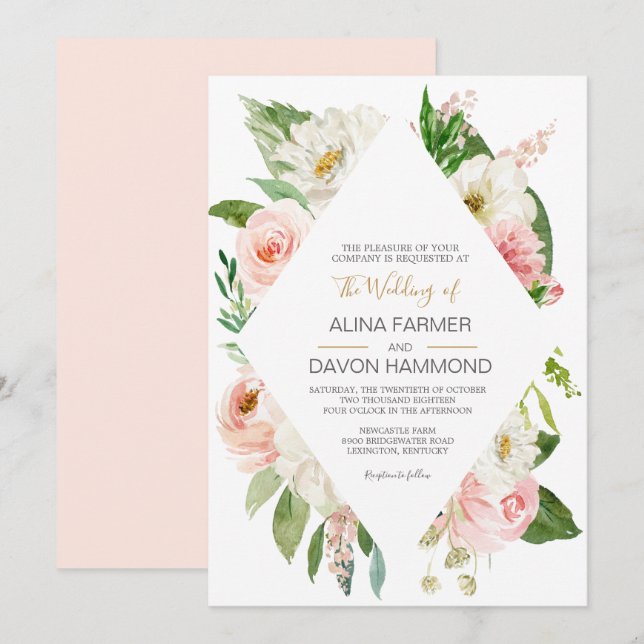 Blushing Rose Blush Pink und White Floral Wedding Einladung (Vorne/Hinten)