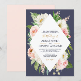 Blushing Rose Blush Pink White Navy Bloral Wedding Einladung