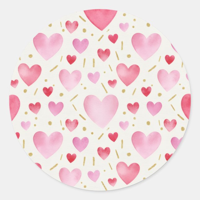 Blushing Rose Watercolor & Gold Glitter Hearts Runder Aufkleber (Vorderseite)