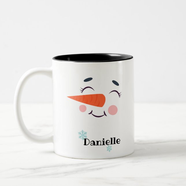 Blushing Snowman Gesicht Personalisiert Name Holid Zweifarbige Tasse (Links)