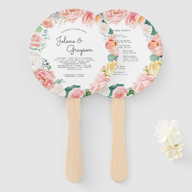 Blushing Summer Floral | Hochzeitsprogramm Hand Fa Fächer (Vorne und Hinten)