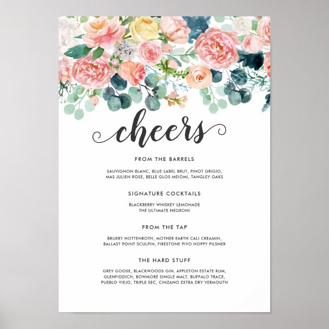 Blushing Summer Floral Wedding Bar Menu Poster (Vorne)