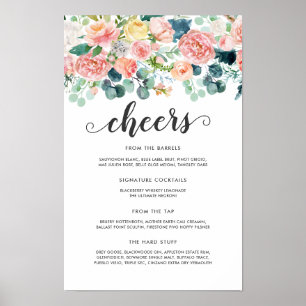 Blushing Summer Floral Wedding Bar Menu Poster