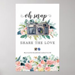 Blushing Summer Floral Wedding Hashtag Sign Poster