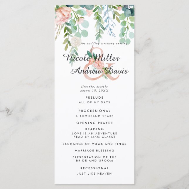 Blushing Summer Floral Wedding Program Programm (Vorderseite)