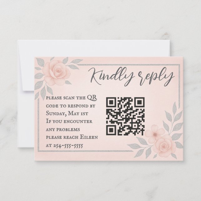 Blushing Vows QR Code Wedding RSVP Card Karte (Vorderseite)