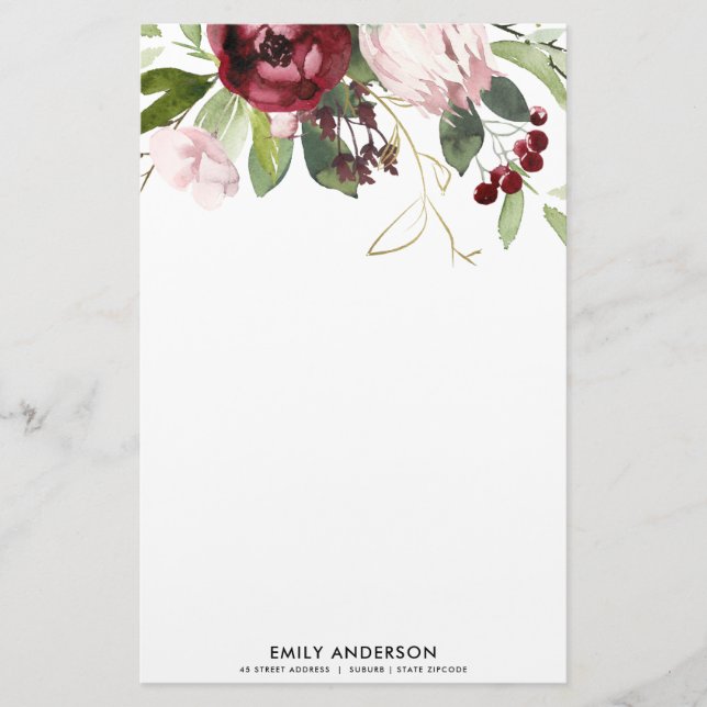 BLUSPINK BURGUNDY PROTEA FLORAL WATERCOLOR BRIEFPAPIER (Vorderseite)