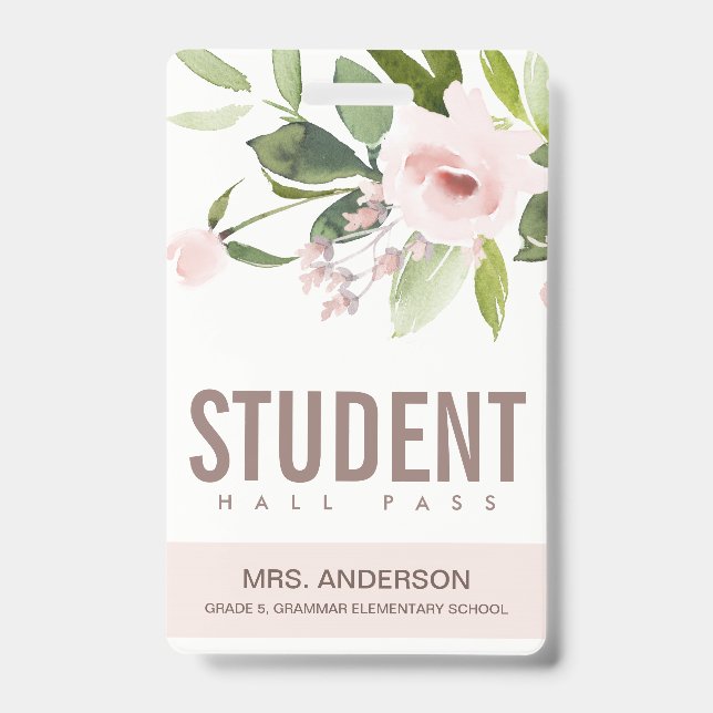 BLUSPINK ROSE FLORAL STUDENT LEHRER HALL PASS AUSWEIS (Vorderseite)