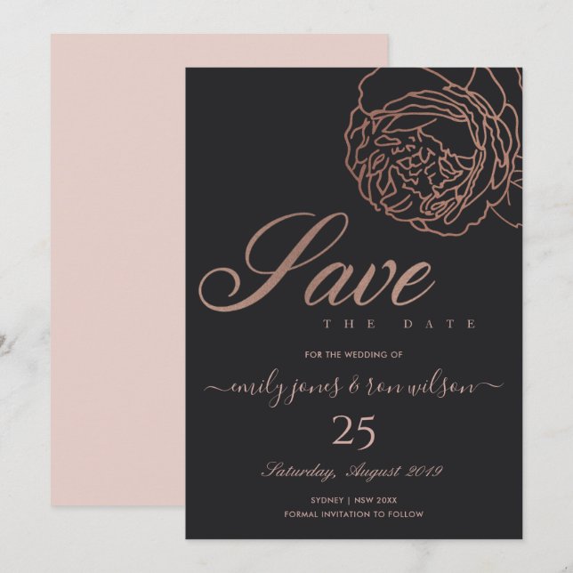 BLUSPINK ROSE GOLD BLACK FLORAL SAVE THE DATE EINLADUNG (Vorne/Hinten)