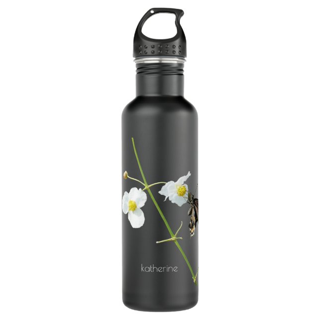 Blüte mit Schmetterling auf schwarz, personalisier Edelstahlflasche (Vorderseite)