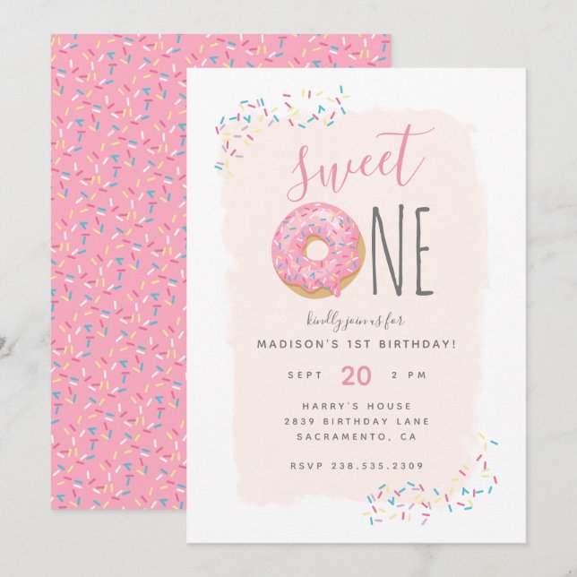 Blüte | Pink Doughnut Sprinkle Sweet 1st Birthday Einladung (Vorne/Hinten)