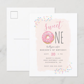 Blüte | Pink Doughnut Sprinkle Sweet 1st Birthday Einladungspostkarte