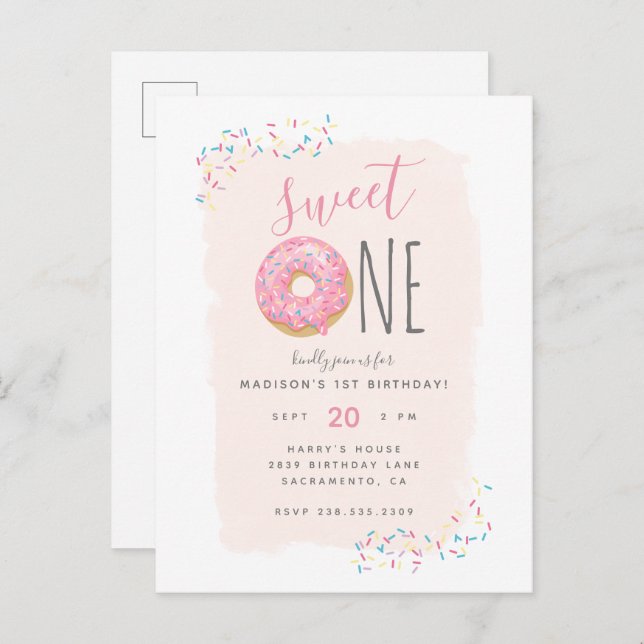 Blüte | Pink Doughnut Sprinkle Sweet 1st Birthday Einladungspostkarte (Vorne/Hinten)
