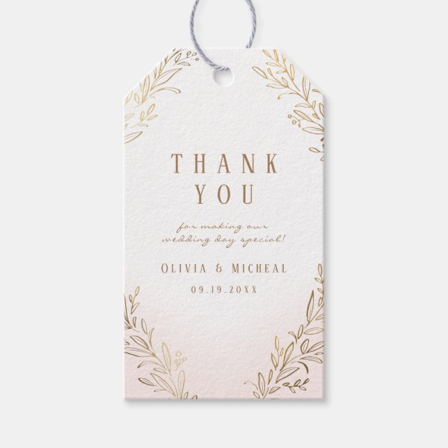 Blüte und goldvergoldete botanische Hochzeit Geschenkanhänger (Vorderseite)