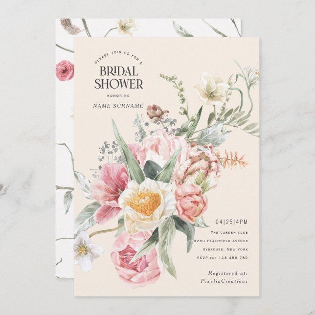 Blüten Aquarell Blume Schick Frühlingstrasse Moder Einladung (Vorne/Hinten)