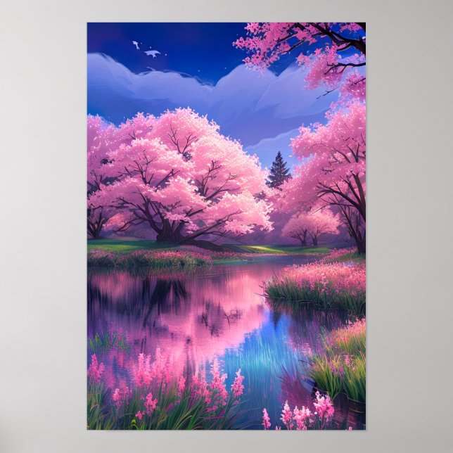 Blüten auf blau, Sakura Bäume am Fluss Poster (Vorne)