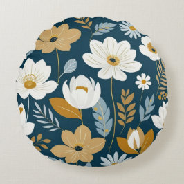 Blüten aus aquamarinen, blauen und goldenen Blumen Rundes Kissen