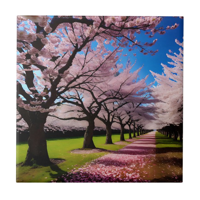 "Blüten im Blut: Kirschbaumreihen im Frühling Fliese (Vorderseite)