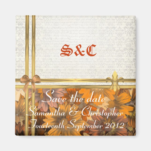 Blüten im Herbst und Gold auf Damast Save the Date Magnet (Vorne)