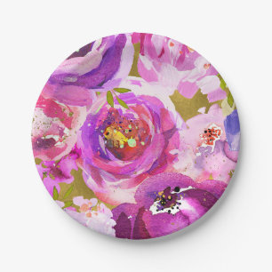 Blüten in Rosa Lila Gold Moderne Trendige Florale Pappteller