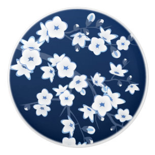 Blüten-Kirschblüte-Navyblau-Weiß Keramikknauf