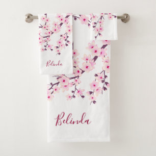 Blüten-Kirschblüten-Monogramm Rosa Weiß Badhandtuch Set