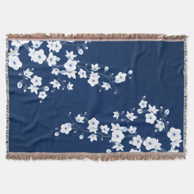 Blüten-Kirschblüten Navy Weiß Klassisch Decke (Vorderseite)