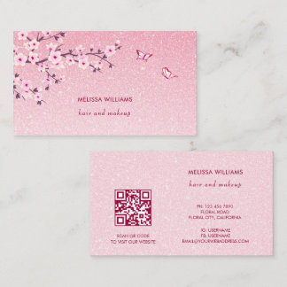 Blüten-Kirschblüten-Rosa-Glitter-QR-Code Visitenkarte
