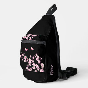 Blüten-Kirschblüten-Schwarz-Rosa-Monogramm Crossbody Bag