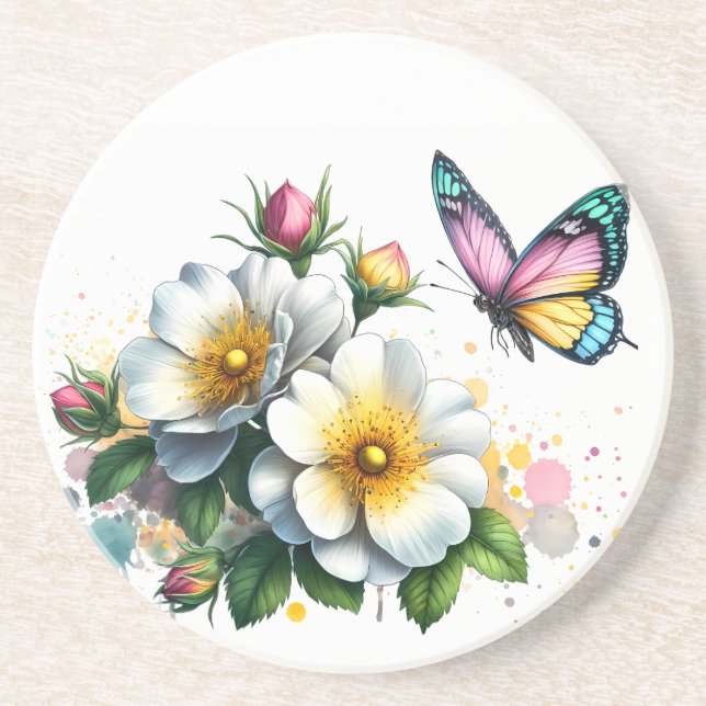 Blüten & Schmetterlinge Sandstein Untersetzer (Vorne)
