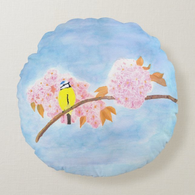 Blüten und Gartenvögel Rundes Kissen (Vorderseite)