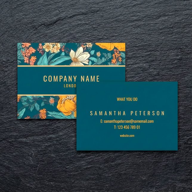 Blüten und gelbe Blumen, Goldgrenze Visitenkarte (Blue and yellow flowers, gold border business card.)
