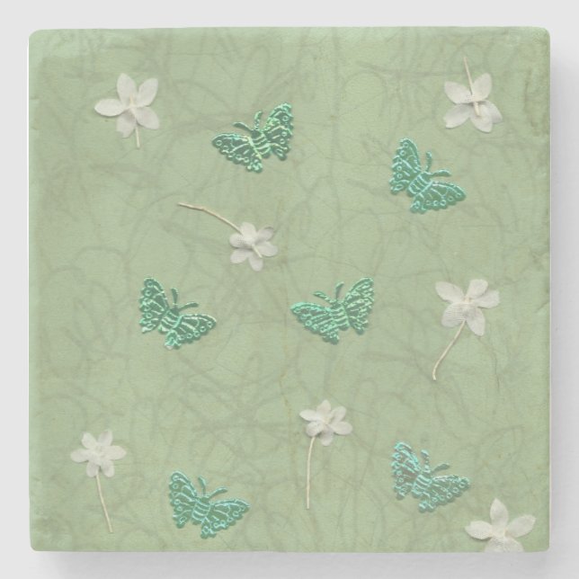 Blüten und Schmetterlinge Steinuntersetzer (Vorderseite)