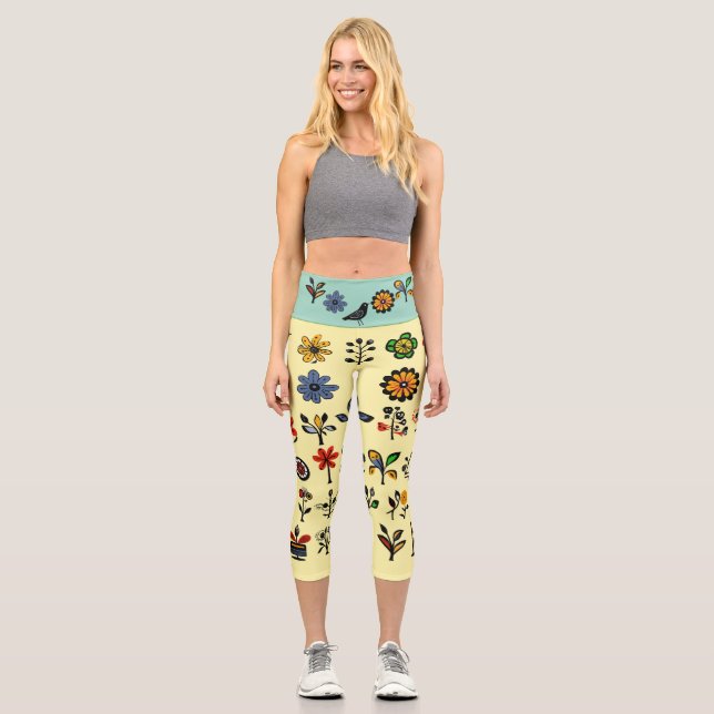 Blüten und Vögel Capri Leggings (Vorderseite)
