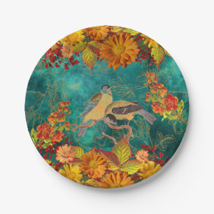 Blüten und Vögel Orange, Rot, Gelb, Aquamarine R Pappteller