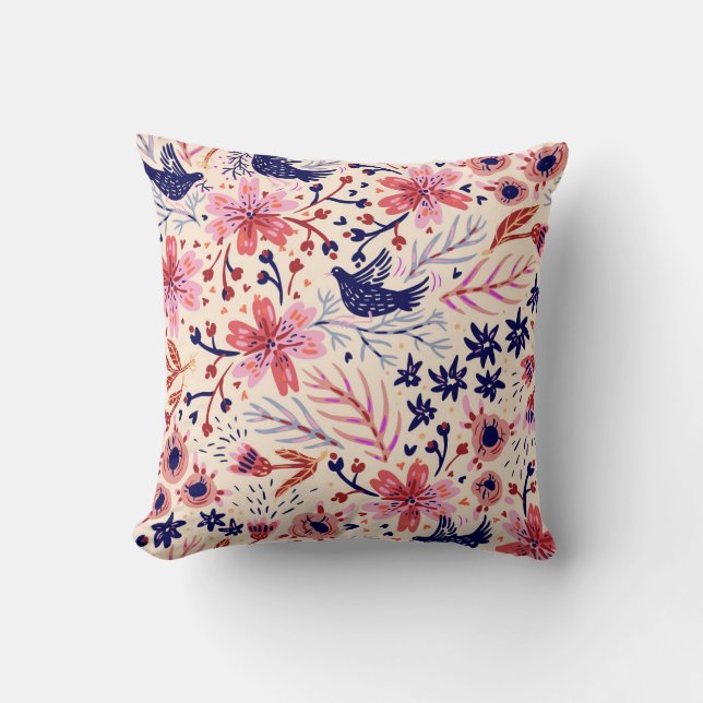 Blüten, Vögel, Vintage nahtlose Muster. Kissen (Vorderseite)